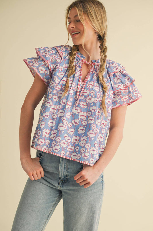 FLORAL FLUTTER SLEEVE CONTRAST BINDING TOP
