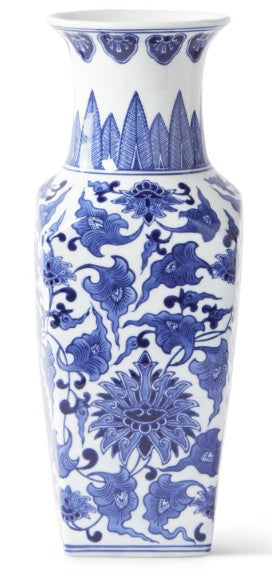 Ceramic Blue & White Chinoiserie Square Vase - 14 inch