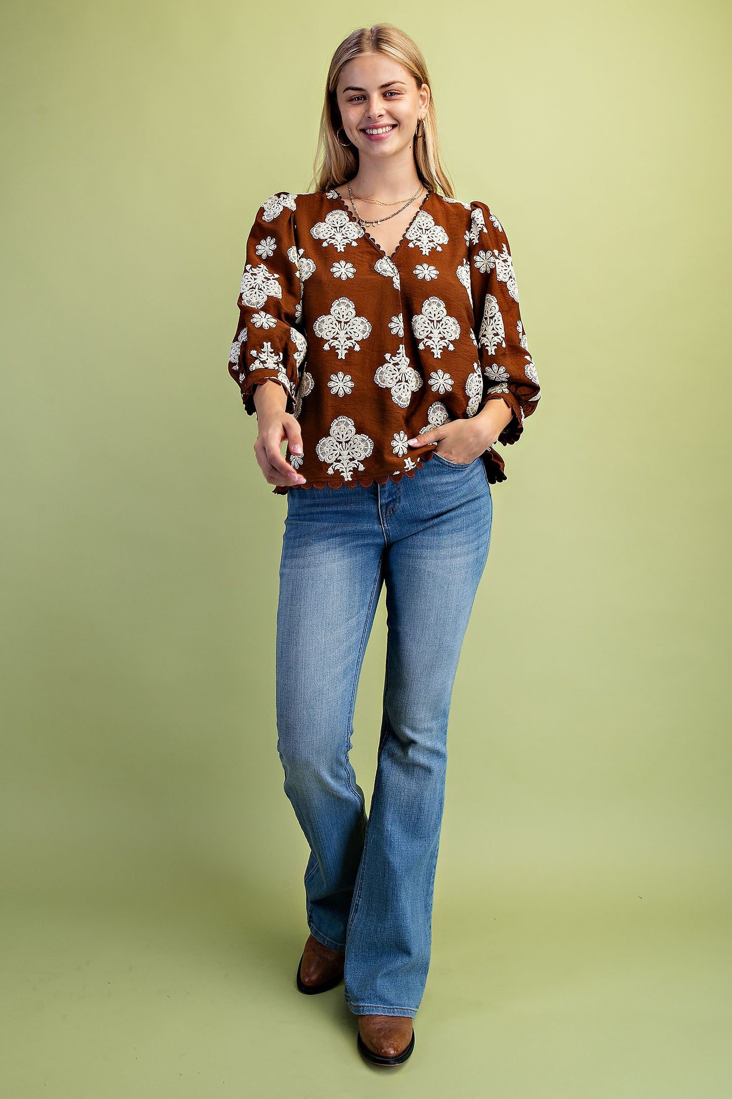 Puff Printed V-Neck Blouse