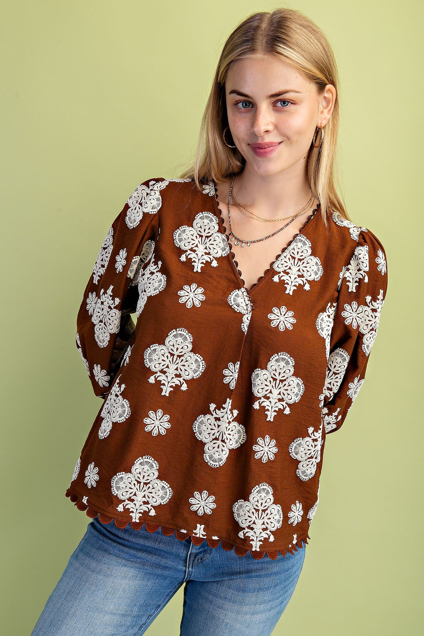 Puff Printed V-Neck Blouse