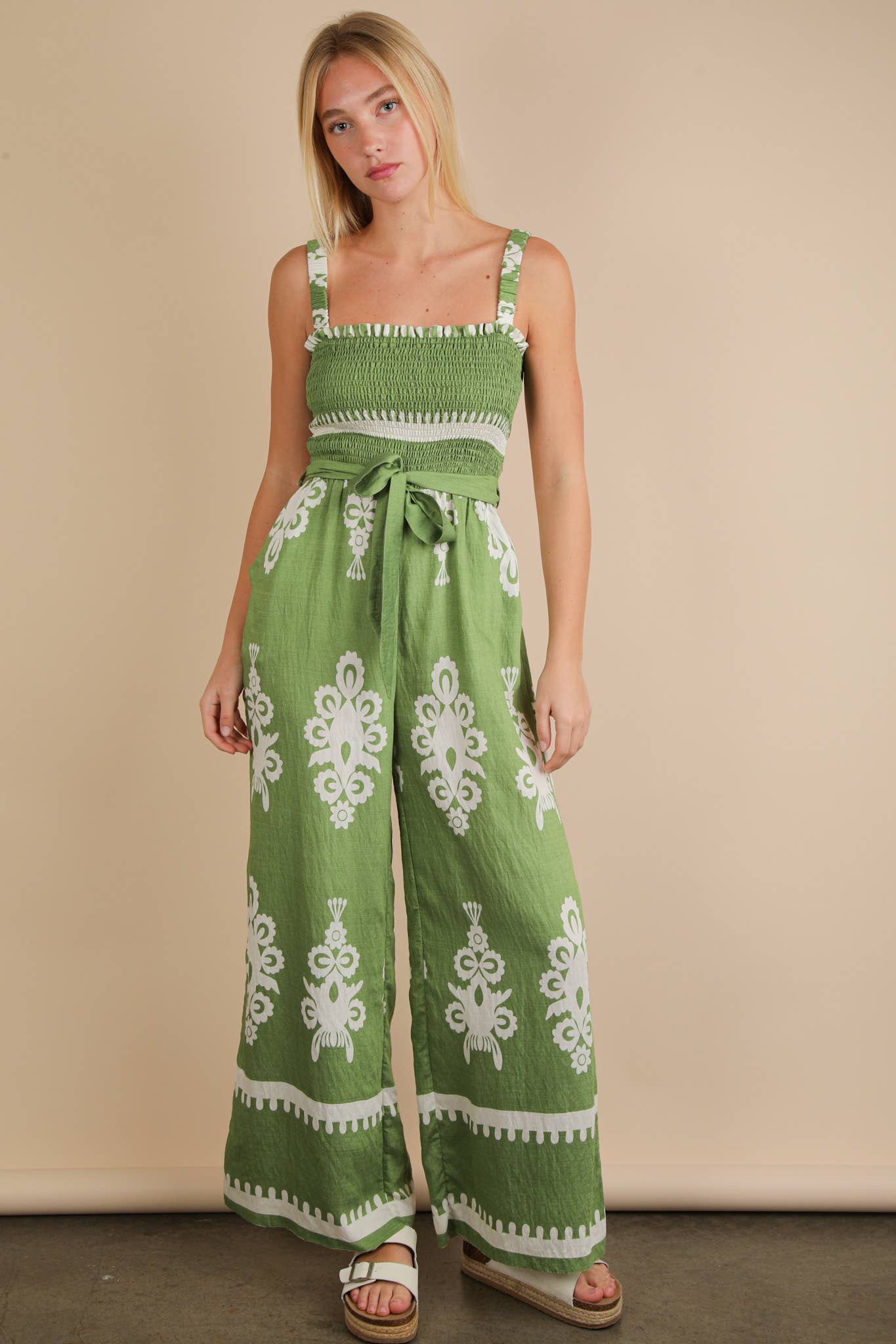 Green Boho Printed Smocking Detail Jumpsuit