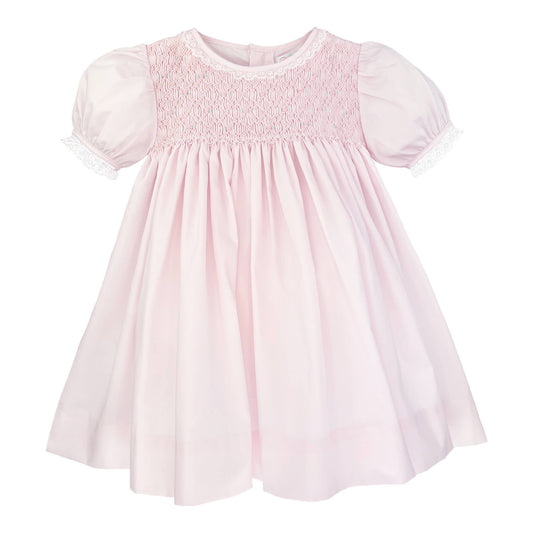 Fully Smocked Dress with French Lace - Pink