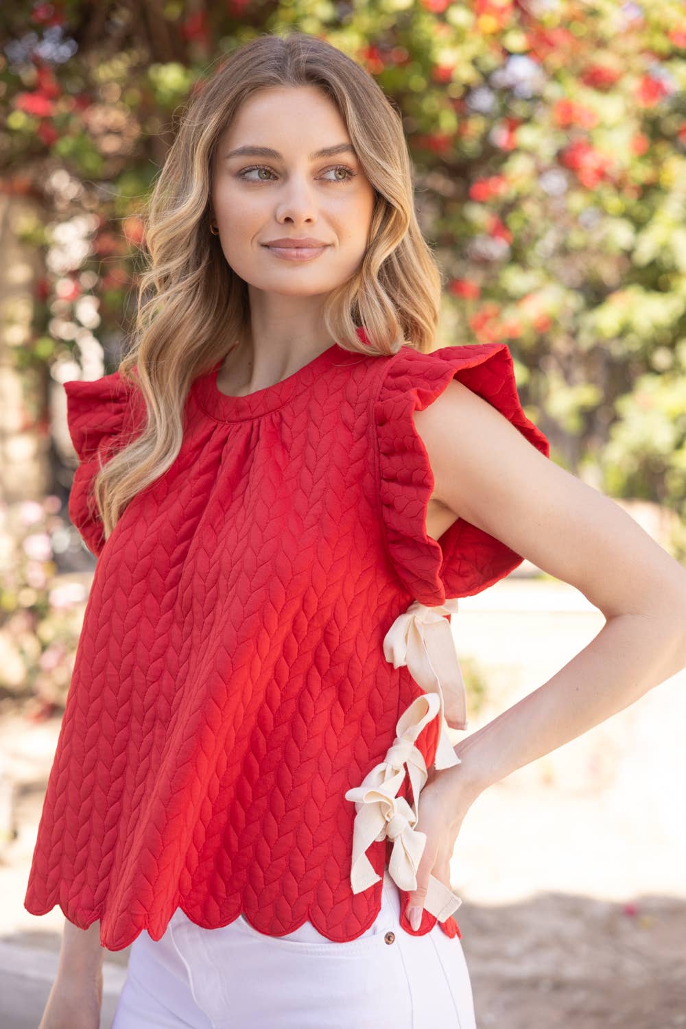 Red Twill Tape Tie Detailed Textured Knit Top