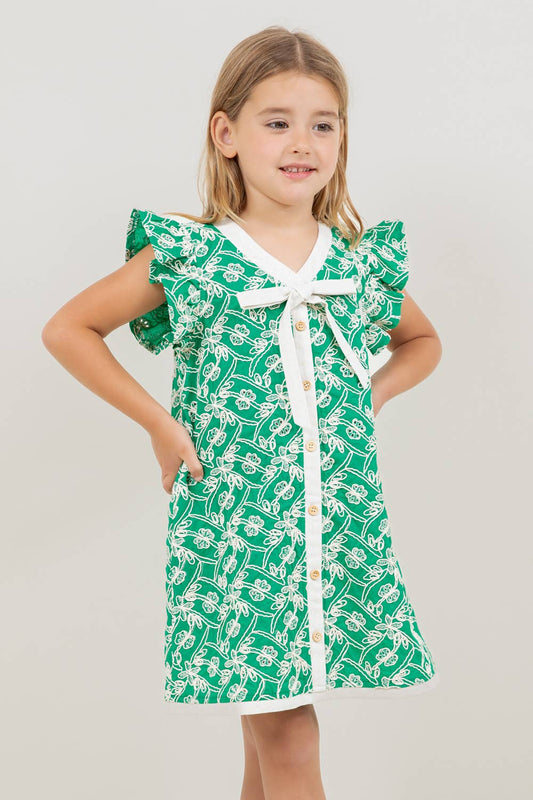 Embroidered Ruffle Sleeve Self Tie Ribbon Dress