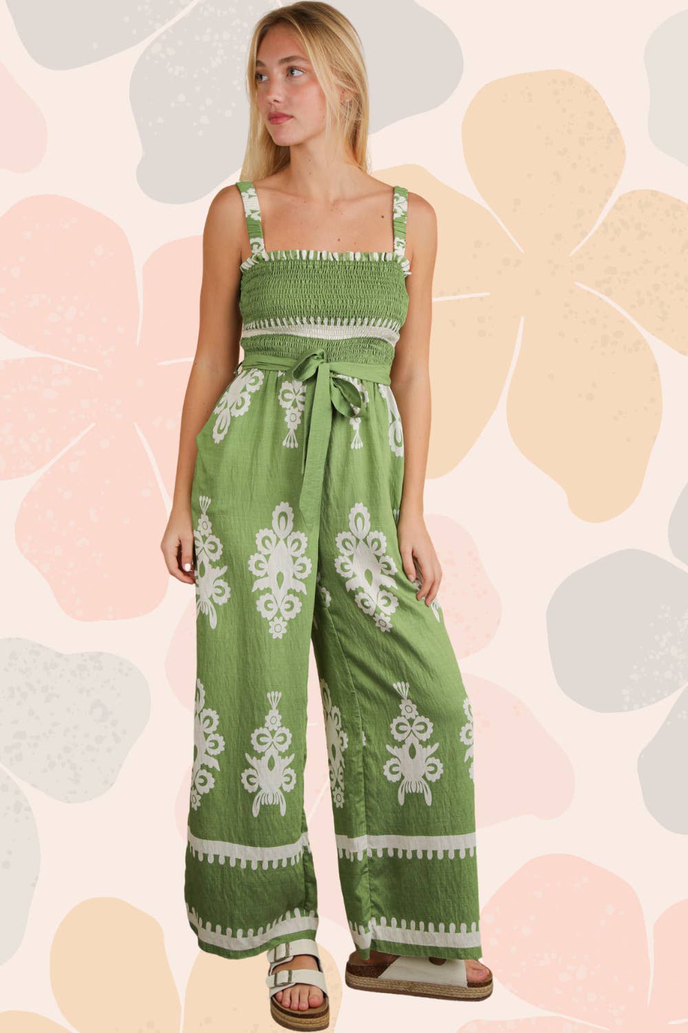 Green Boho Printed Smocking Detail Jumpsuit