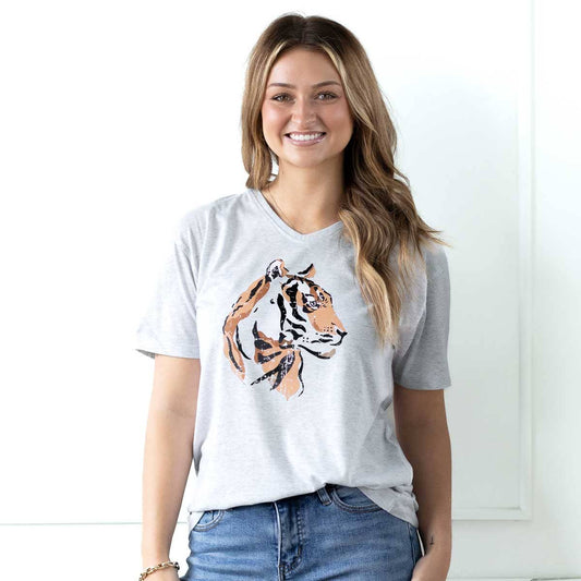 Tiger V-Neck T-Shirt   Heathered White/Black