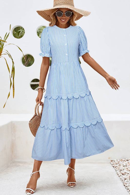 LDC Stripe Bubble Short Sleeve Tiered Scallop Long Dress