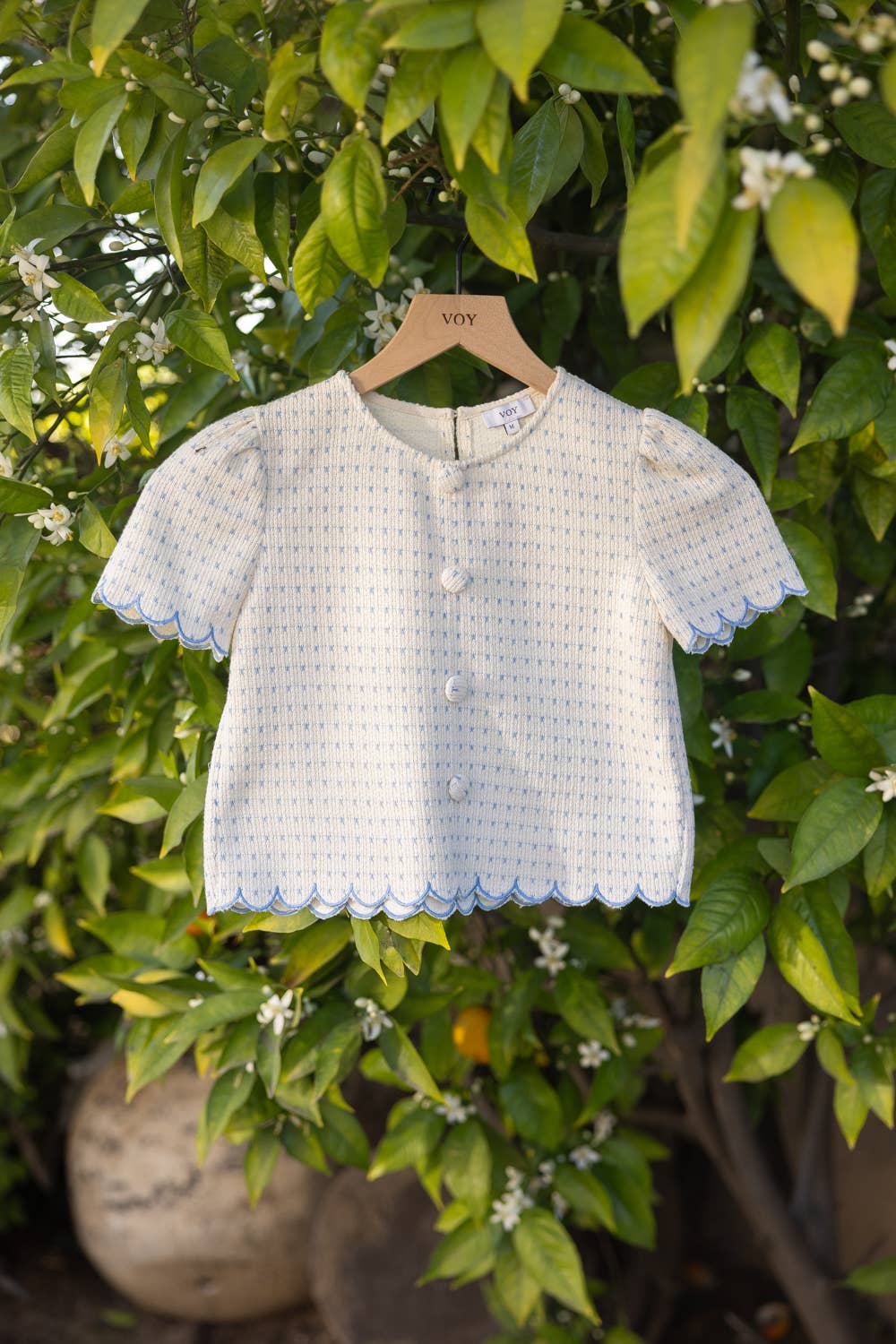 Embroidered Scallop Detail Button Top