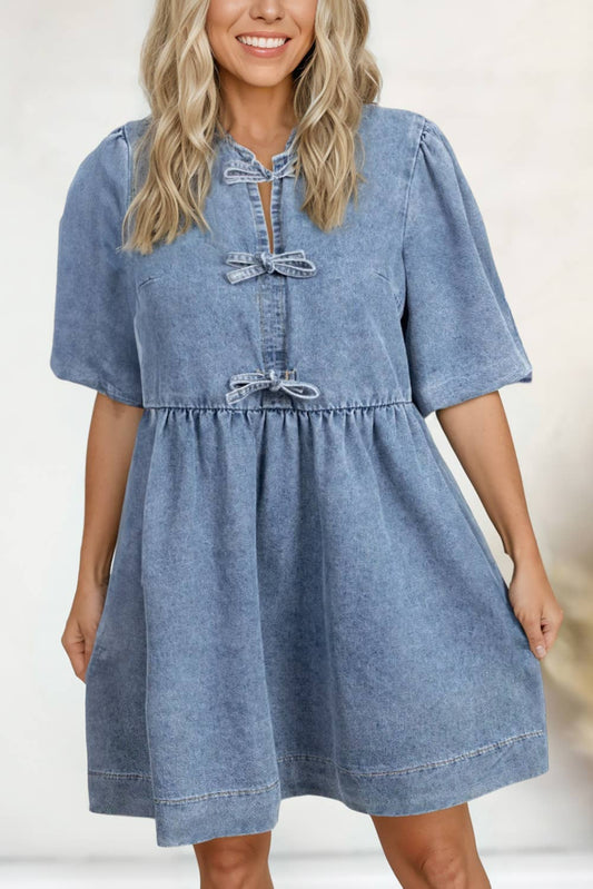 Lovely Bowknot Bubble Sleeve Short Denim Dress | S-XL