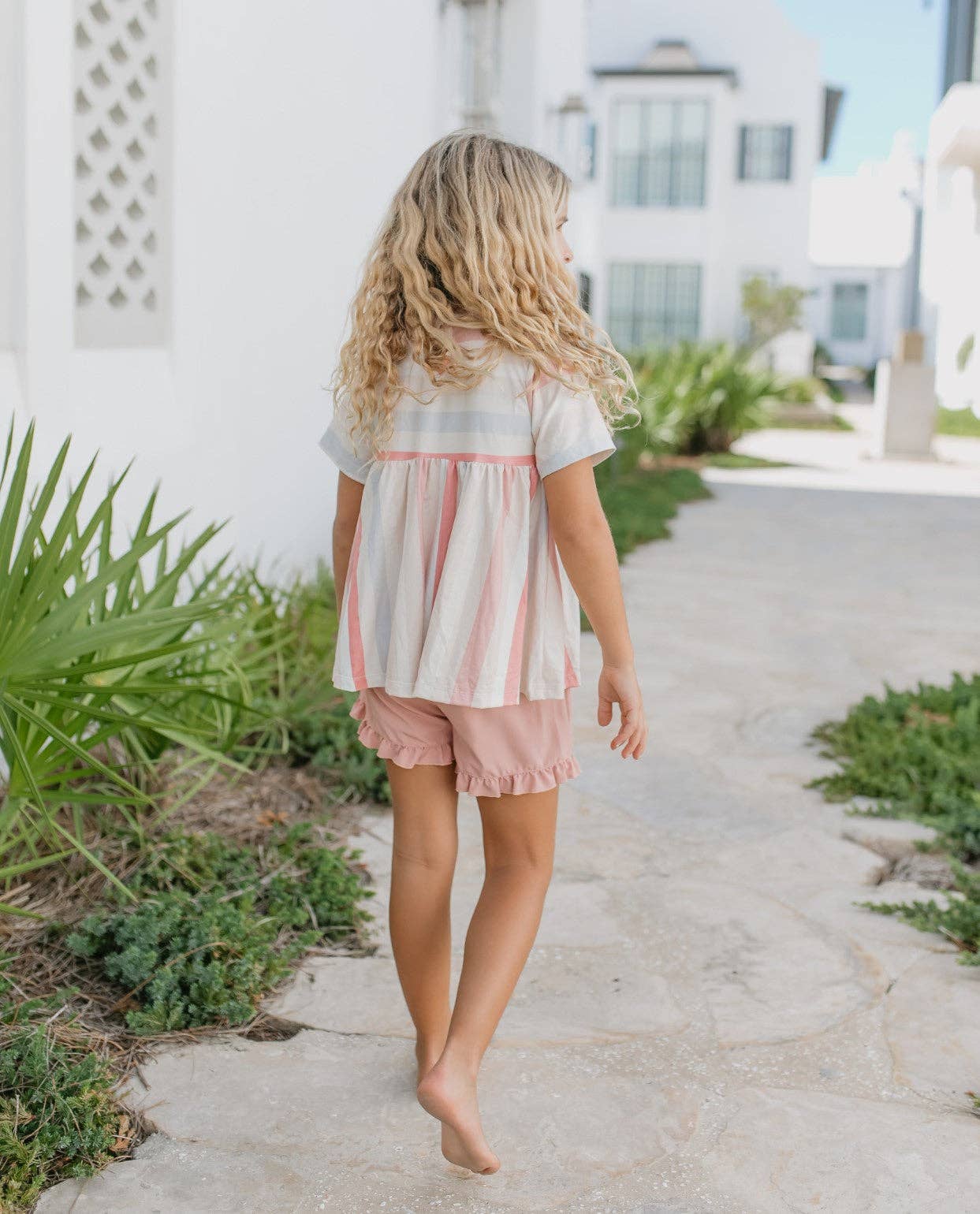 Girls Sand & Blush Stripe Pocket Ruffle Summer Short Set