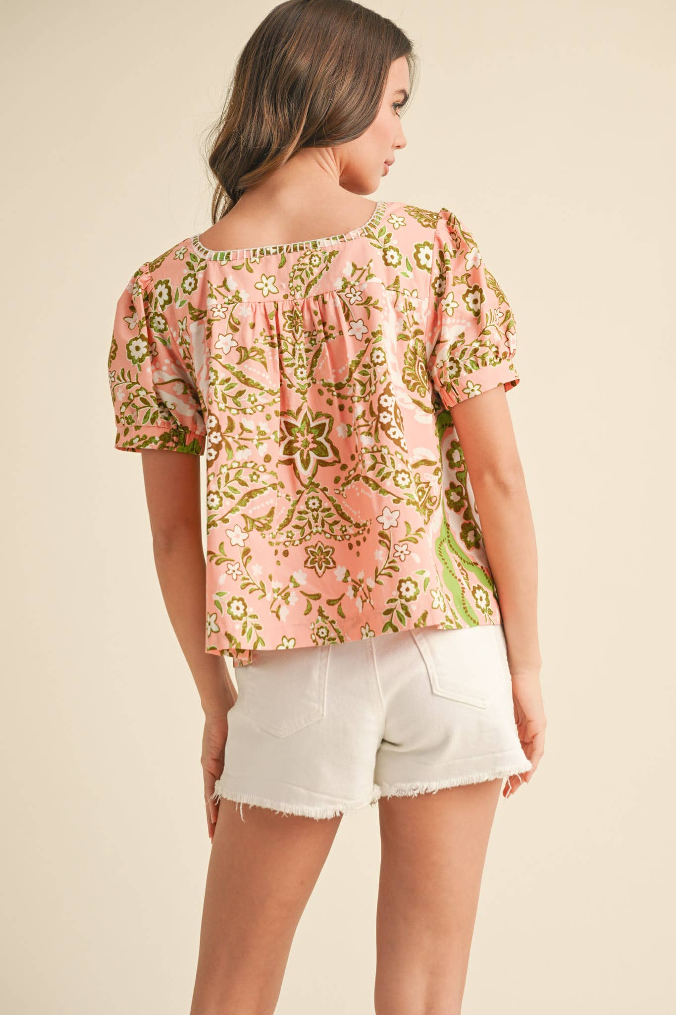 PINK MEDALLION PRINT TIE FRONT PUFF SLEEVE TOP