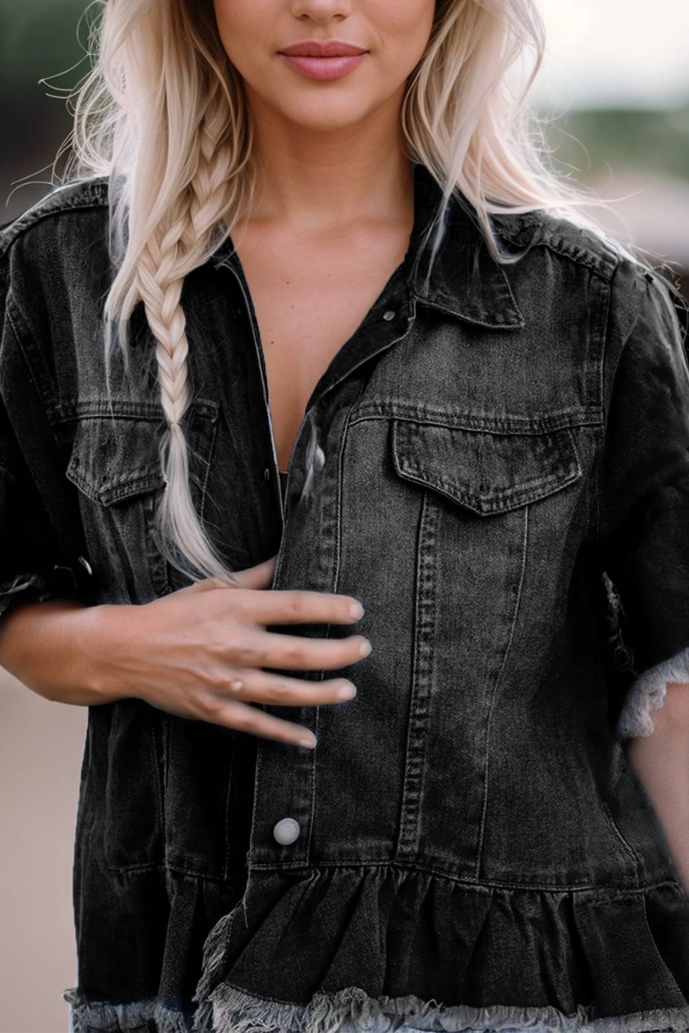 Raw Edge Ruffled Short Sleeve Denim Jacket | S-XL