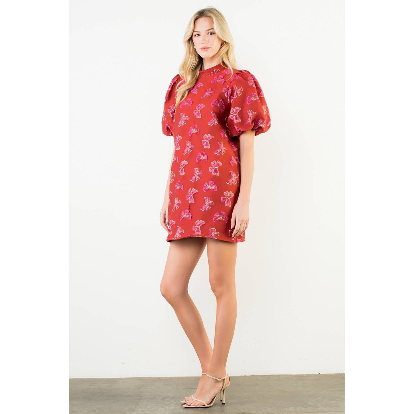 Puff Sleeve Embroidered Bows Dress (XS-L)