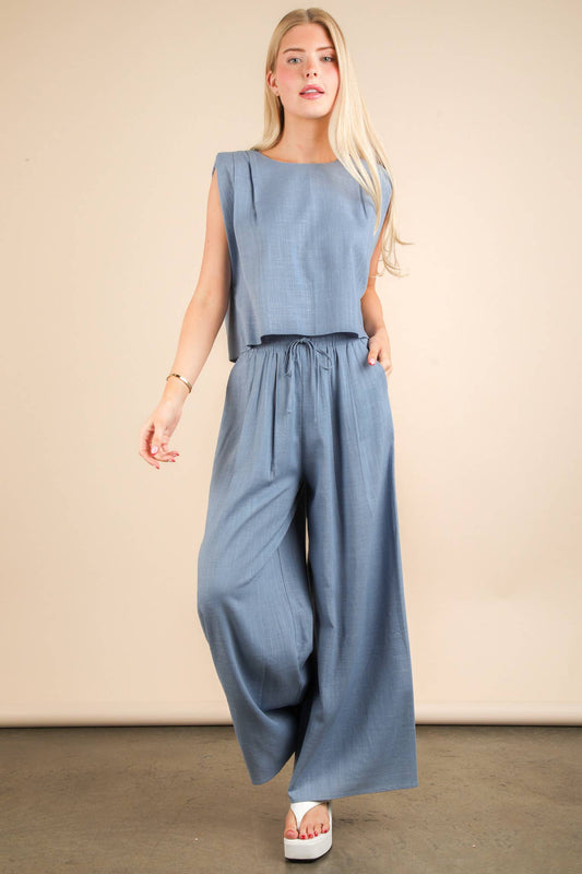 Blue Solid Woven Top & Pants Set