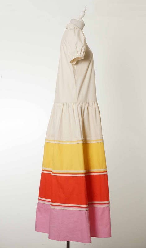 CD05299-Short Puff Sleeves Color Block Hem Button Up Dress