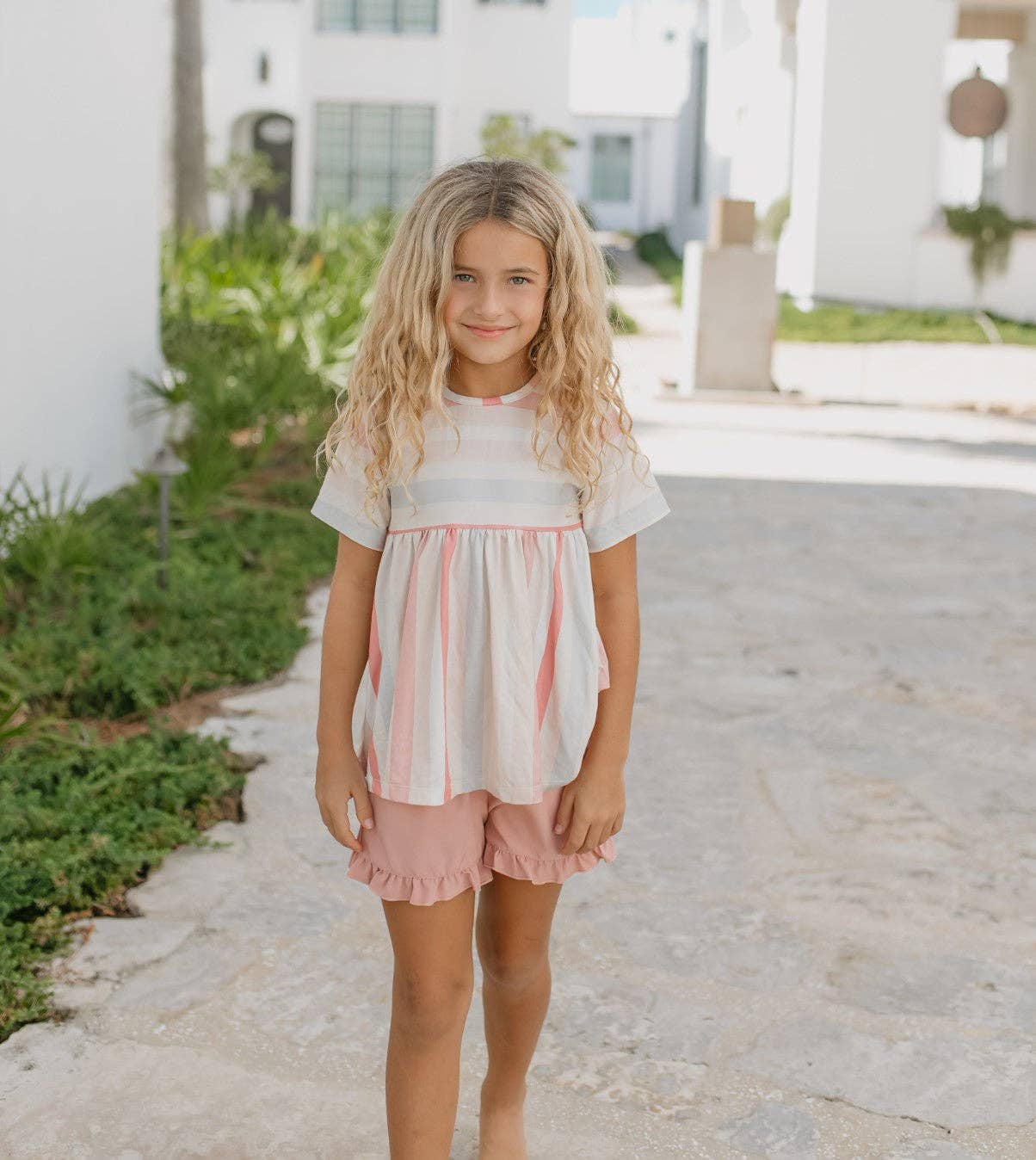 Girls Sand & Blush Stripe Pocket Ruffle Summer Short Set