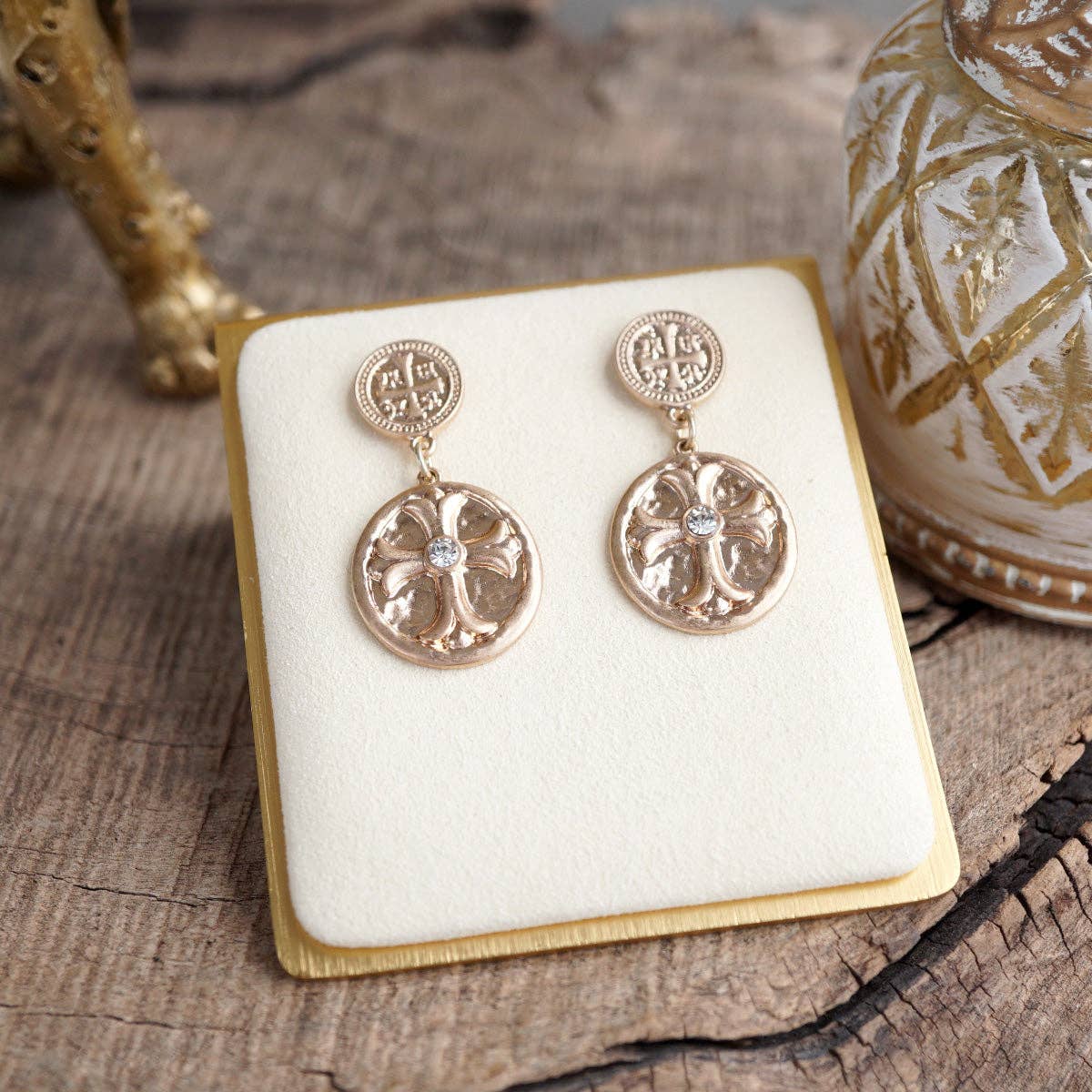 Faith & Relic – Cross Coin Dangle Earrings in Worn Gold