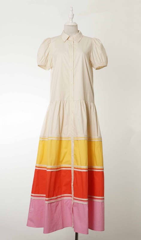 CD05299-Short Puff Sleeves Color Block Hem Button Up Dress