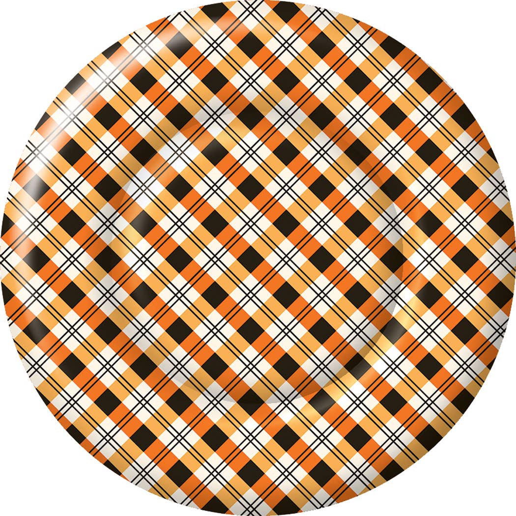 10.5" Round Paper Plates Plaid Pumpkins