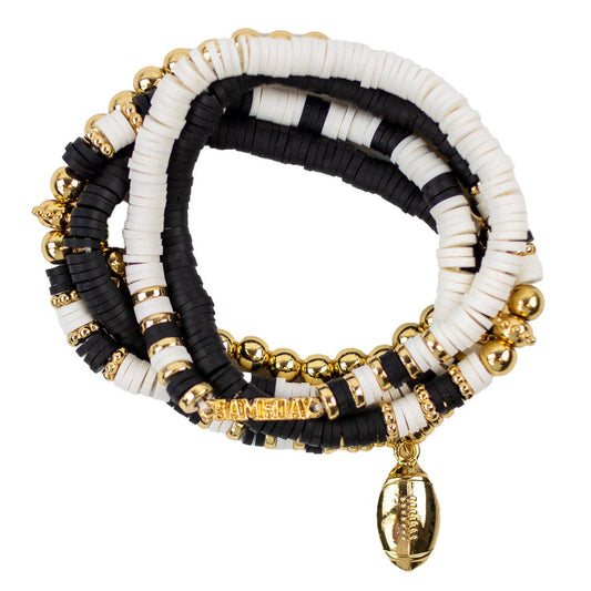 Game Day Bead Bracelet Stack   Black/White/Gold   7"