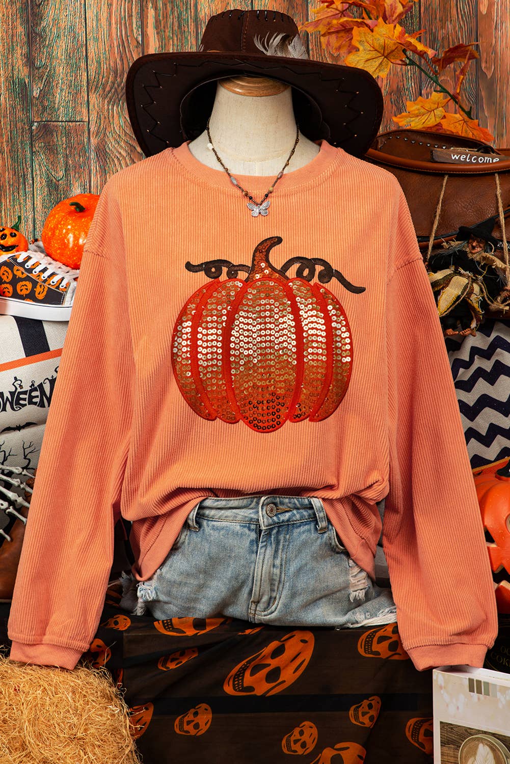 Fashion Halloween Pumpkin Ribbed Round Neck Sweatshirt