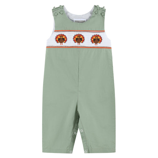 Sage Green Turkey Smocked Overalls