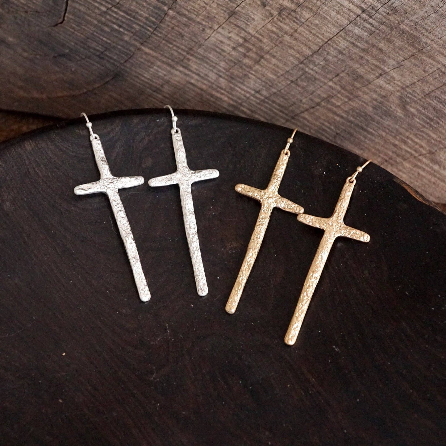 Primitive Cross Earrings Dangle Drop in Gold or Silver