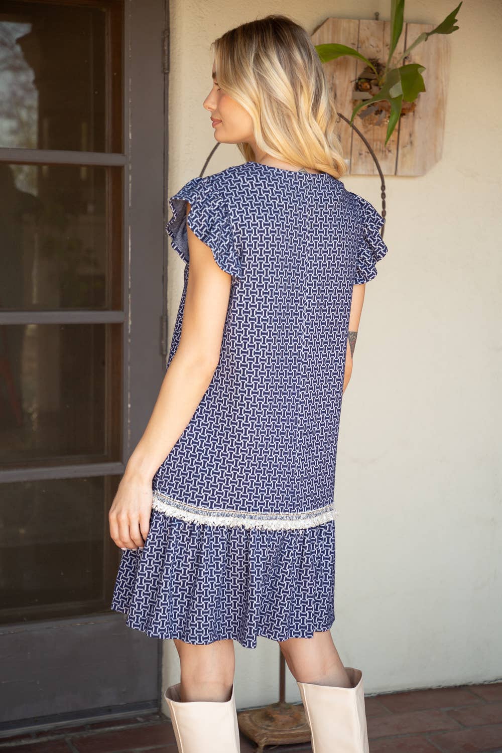 Trim Detailed Ruffle Hem V Neck Shift Dress