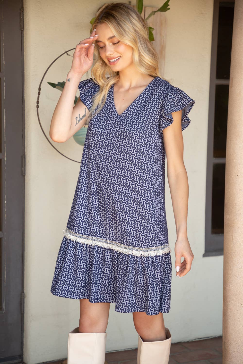 Trim Detailed Ruffle Hem V Neck Shift Dress