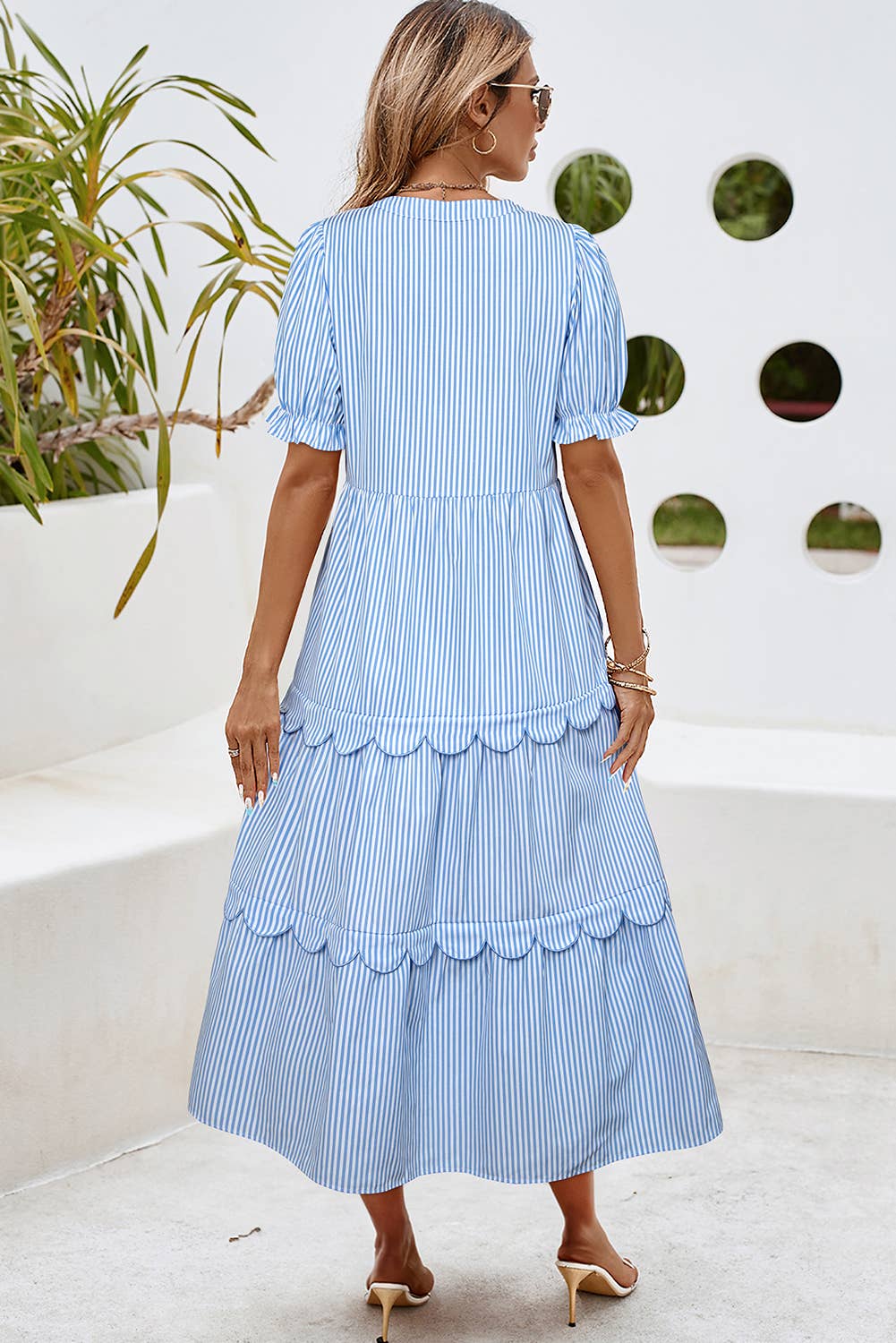 LDC Stripe Bubble Short Sleeve Tiered Scallop Long Dress
