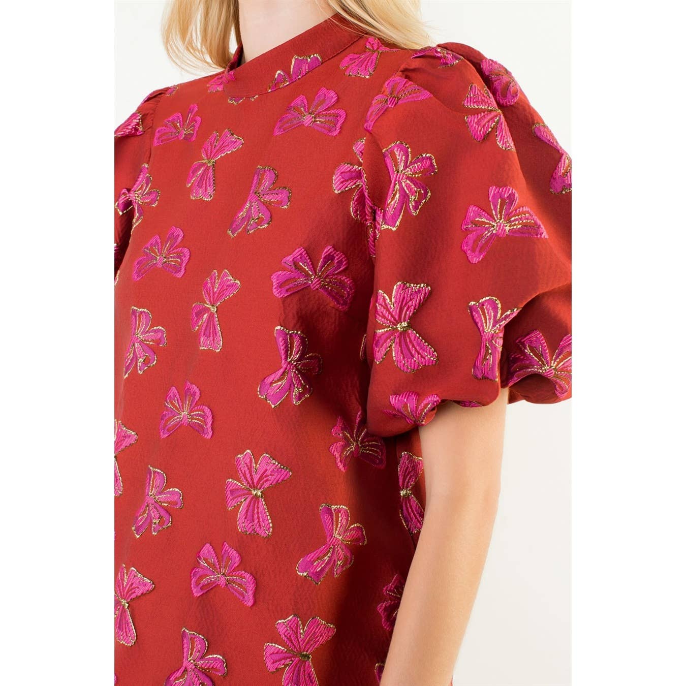 Puff Sleeve Embroidered Bows Dress (XS-L)