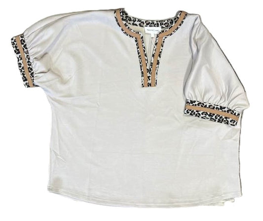 Fall Entro Almond Pleated Sleeve Leopard Accent Top