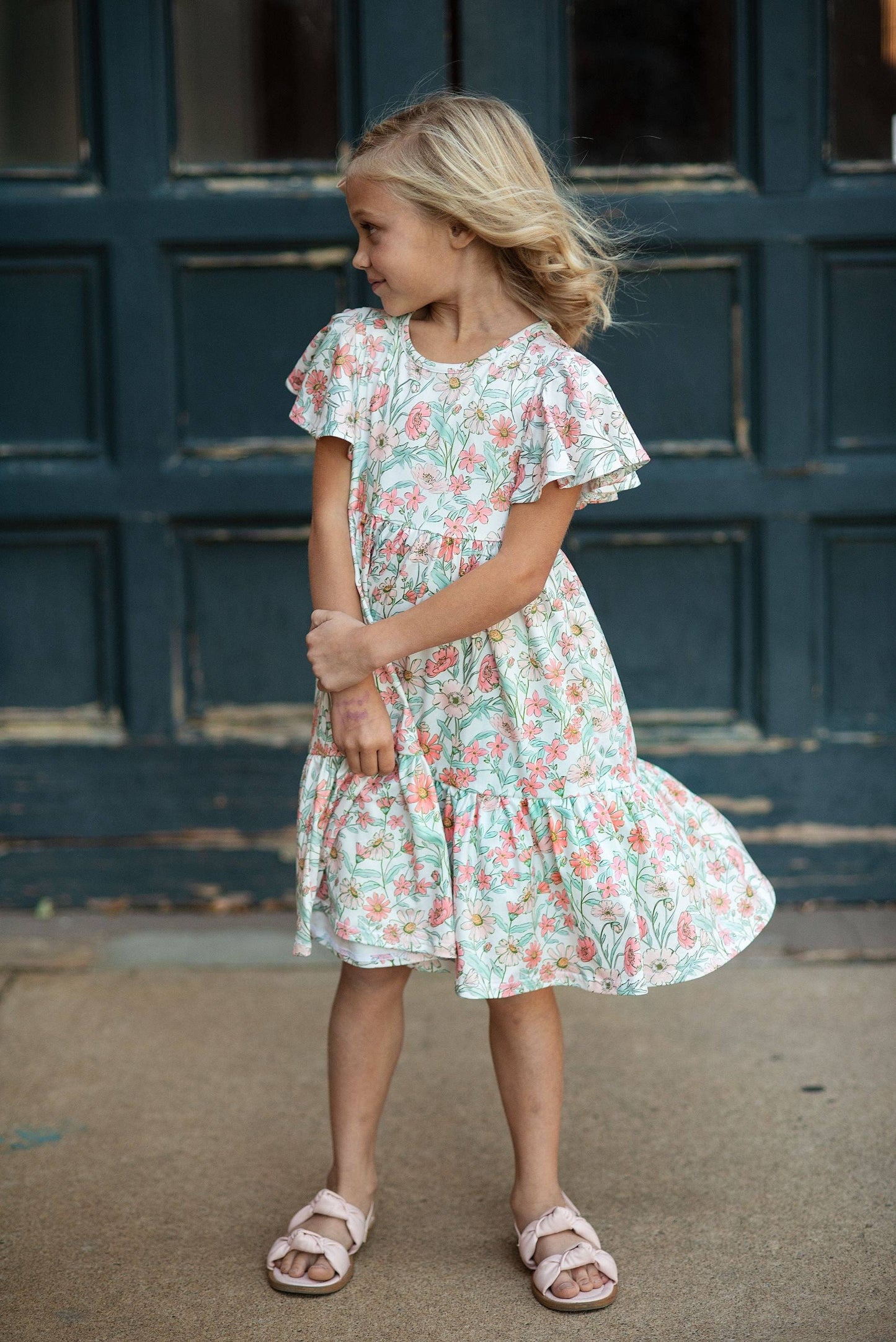 Girls Vintage Beige Floral Spring Easter Flutter Sleeve Dress