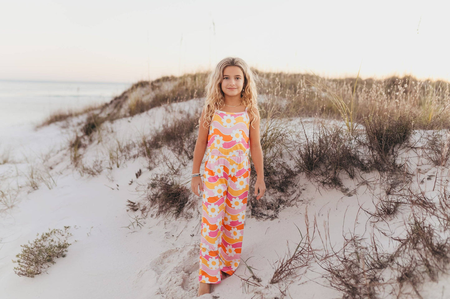 Girls Tangerine & Pink Retro Floral Jumpsuit With Pockets (7-12)