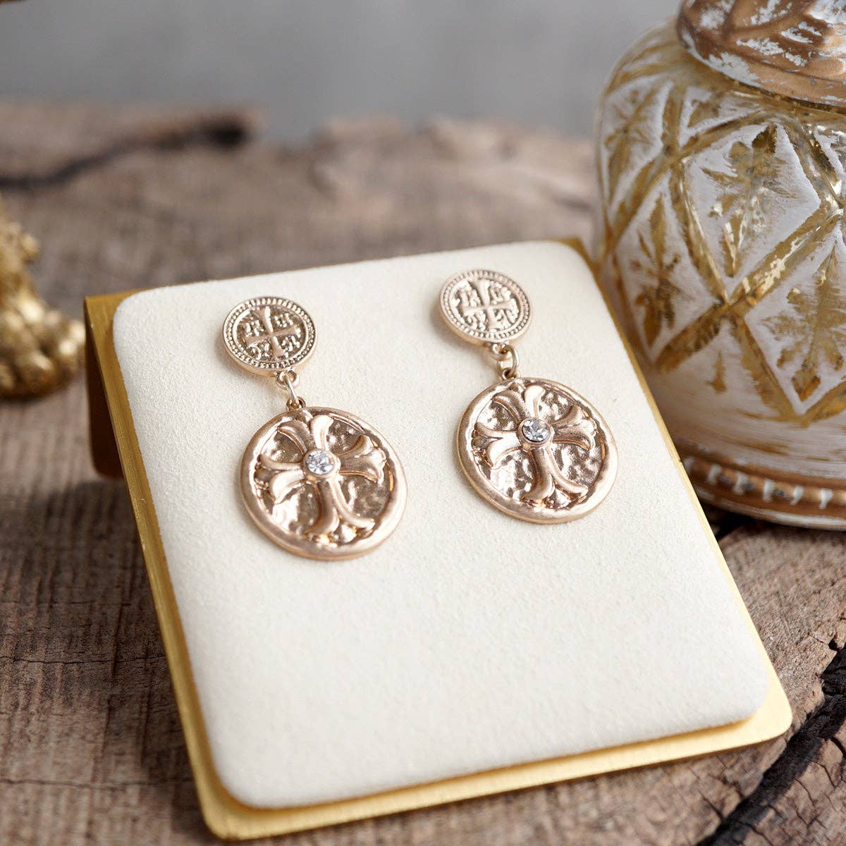 Faith & Relic – Cross Coin Dangle Earrings in Worn Gold