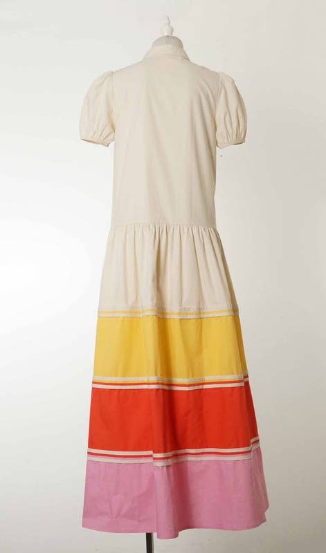 CD05299-Short Puff Sleeves Color Block Hem Button Up Dress