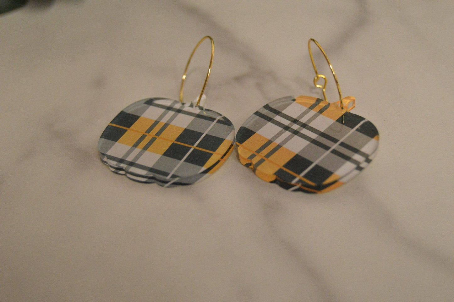 Pumpkin Earrings, Earrings, Fall Earrings, Dangle Earrings, Acrylic Earrings, Designer Plaid Earrings, Gifts for Her, Autumn Earrings