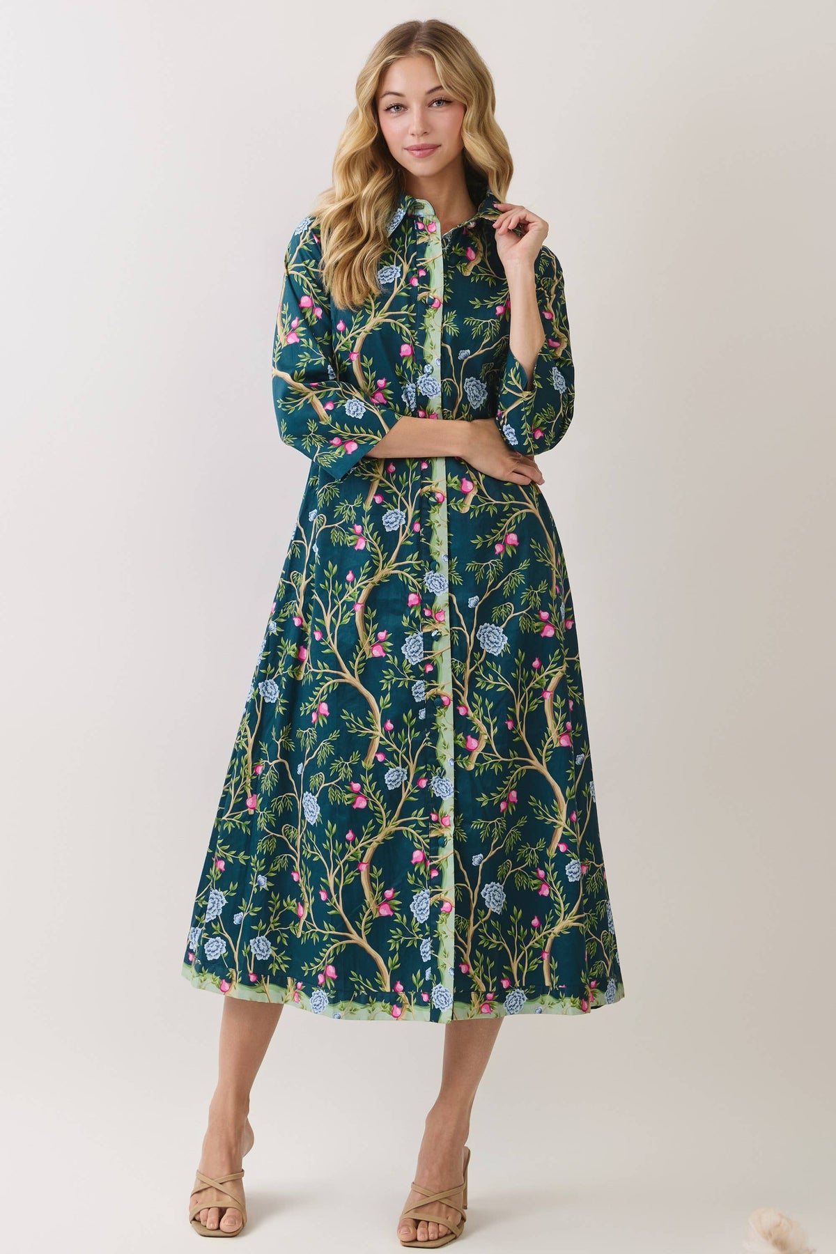 The Beverly Botanical Print Button Front Fall Midi Dress