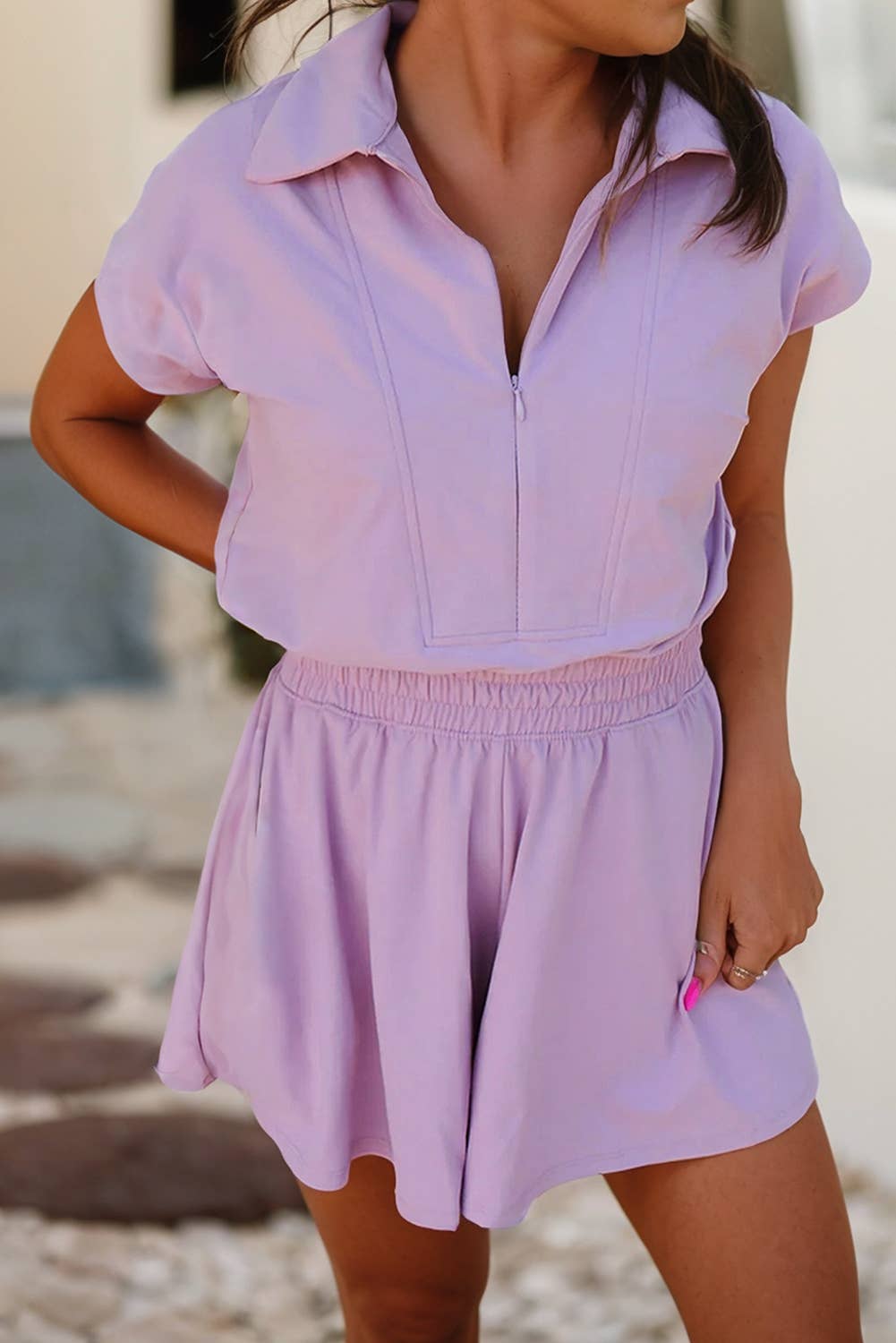 Bouquet Short Sleeve Zipper Collared Elastic High Waist