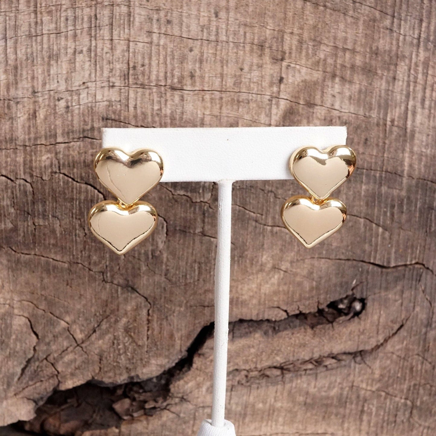 Double Heart Dangle Earrings – Gold Tone