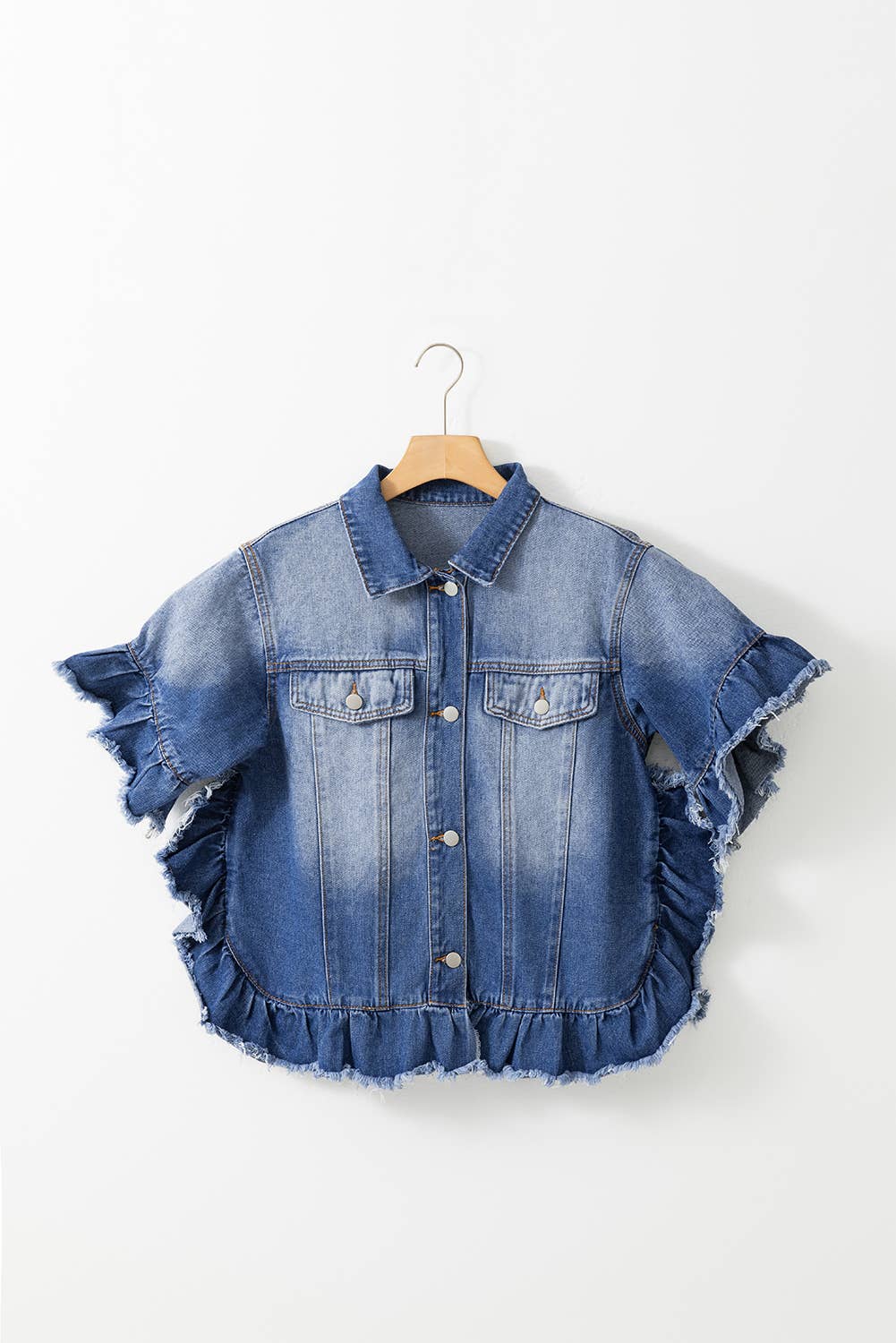 Raw Edge Ruffled Short Sleeve Denim Jacket | S-XL