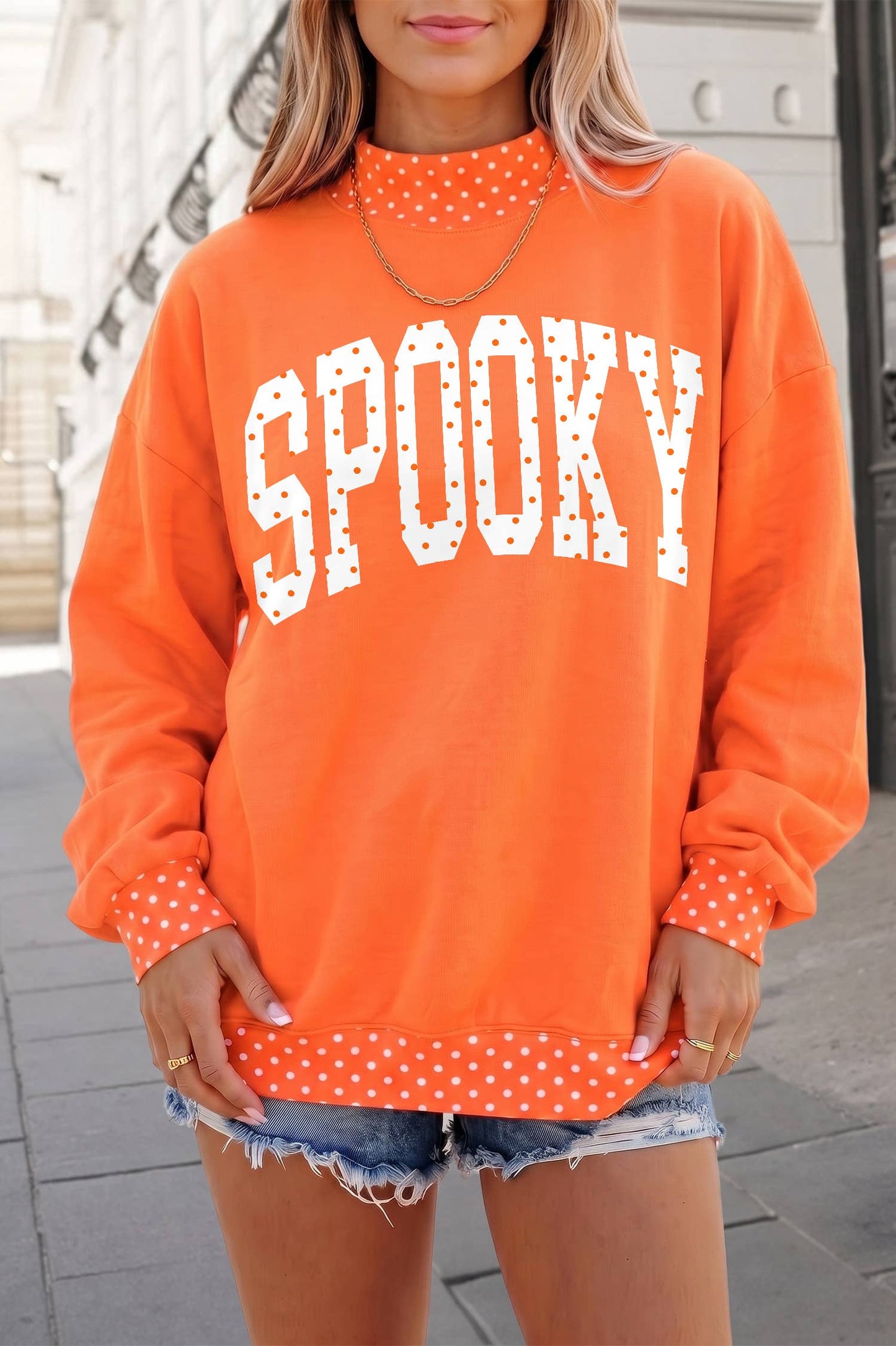 SPOOKY Polka Dot Print Mock Neck Pullover Sweatshirt | S-XL