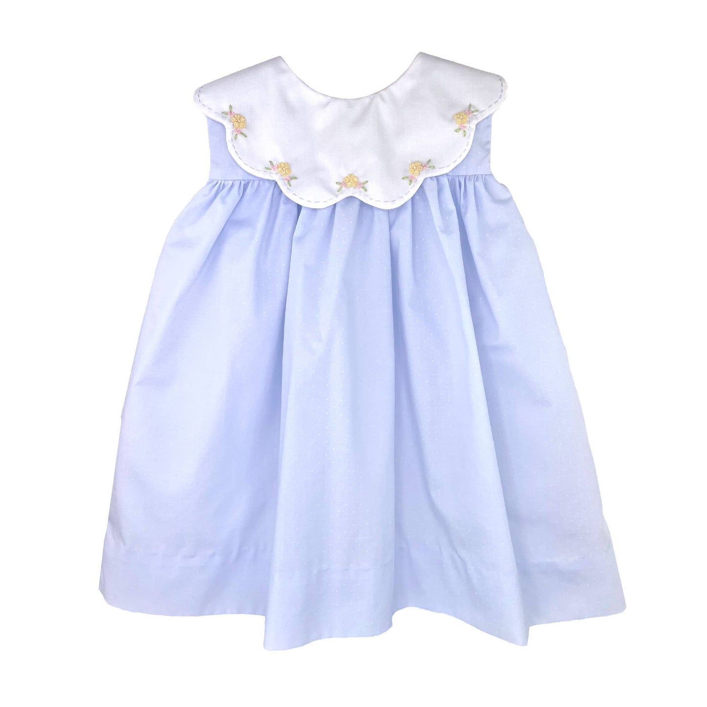 Dress with Embroidered Scallop Collar in Blue Dot Print