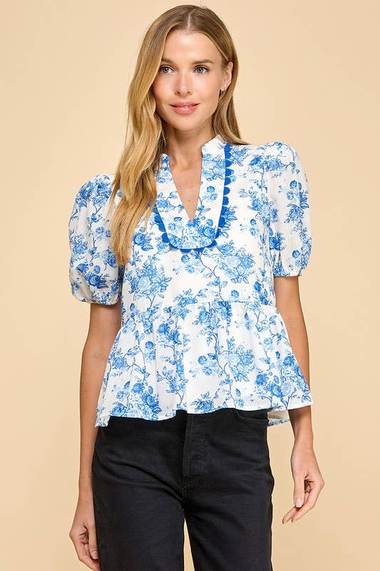 CT9107-Floral Printed Bubble Sleeves Peplum Top