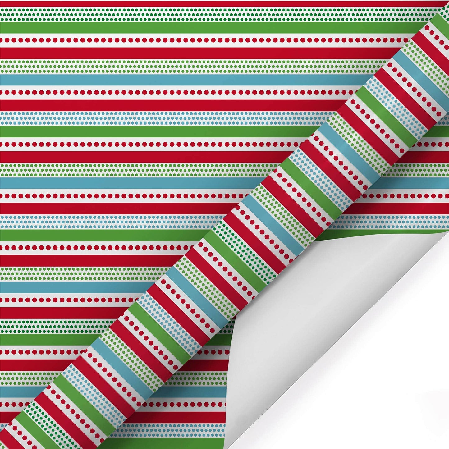 30" x 10' Holiday Wrapping Paper | Red, Green and Blue Dots and Stripes