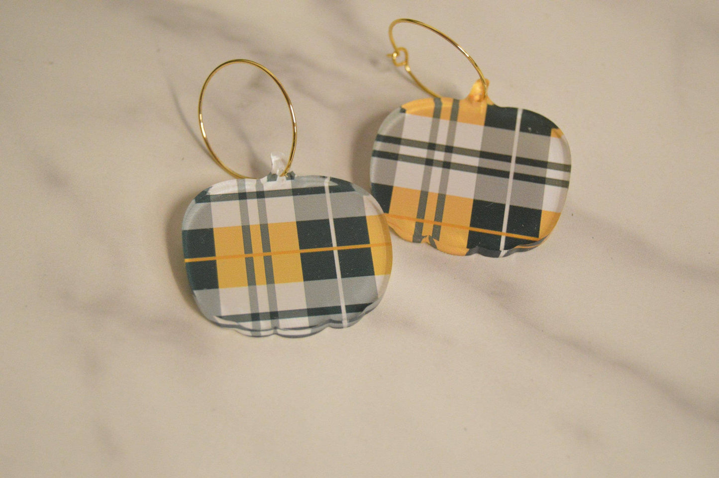 Pumpkin Earrings, Earrings, Fall Earrings, Dangle Earrings, Acrylic Earrings, Designer Plaid Earrings, Gifts for Her, Autumn Earrings