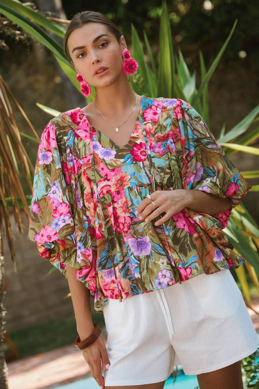 Floral Print Blouse With Wide Bubble Sleeve
