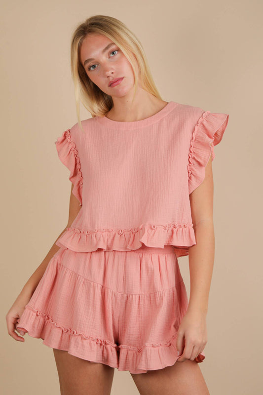 Ruffled Solid Woven Blush Top & Shorts Set