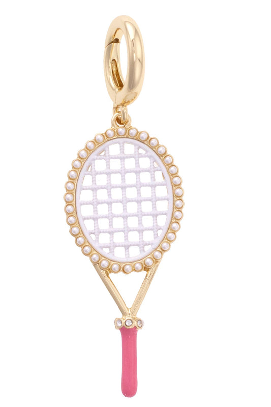 Pearl Studded Tennis Racket Pendant Charm in Pink