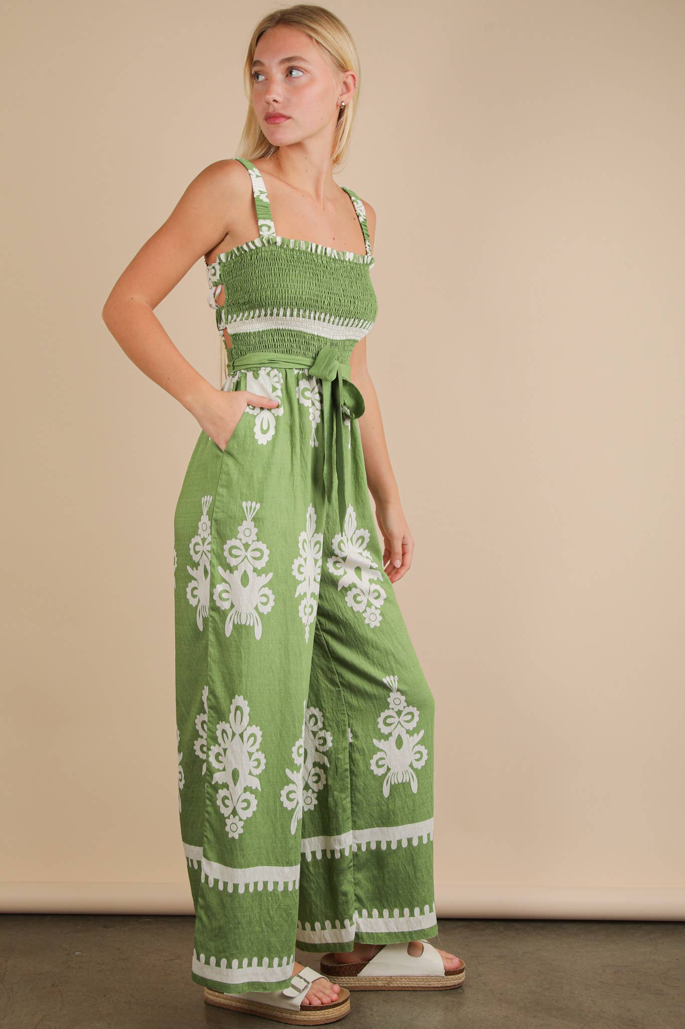 Green Boho Printed Smocking Detail Jumpsuit